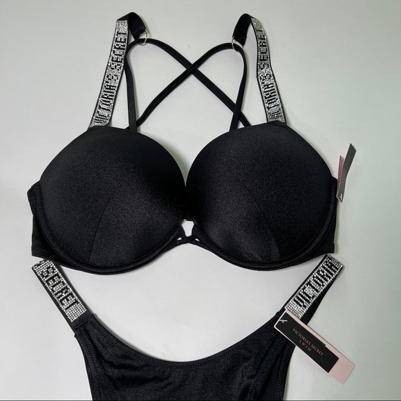 Victoria Secret 32C S Bombshell Push Up Top Bikini Set Shine Strap LOGO Black - Picture 4 of 15